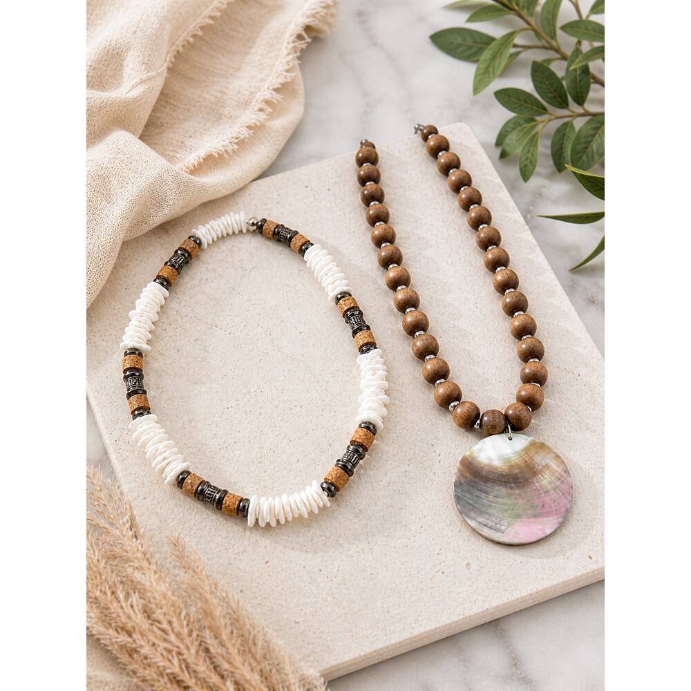 LOT OF 2 Shell & Wood Beaded Necklaces Boho Statement Jewelry